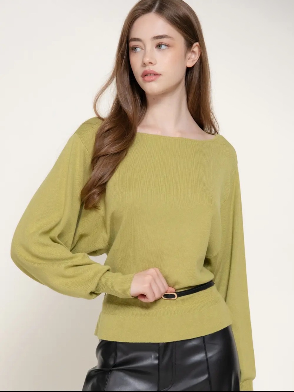 A564 Olive Green Boatneck Womens Sweater w Black Belt